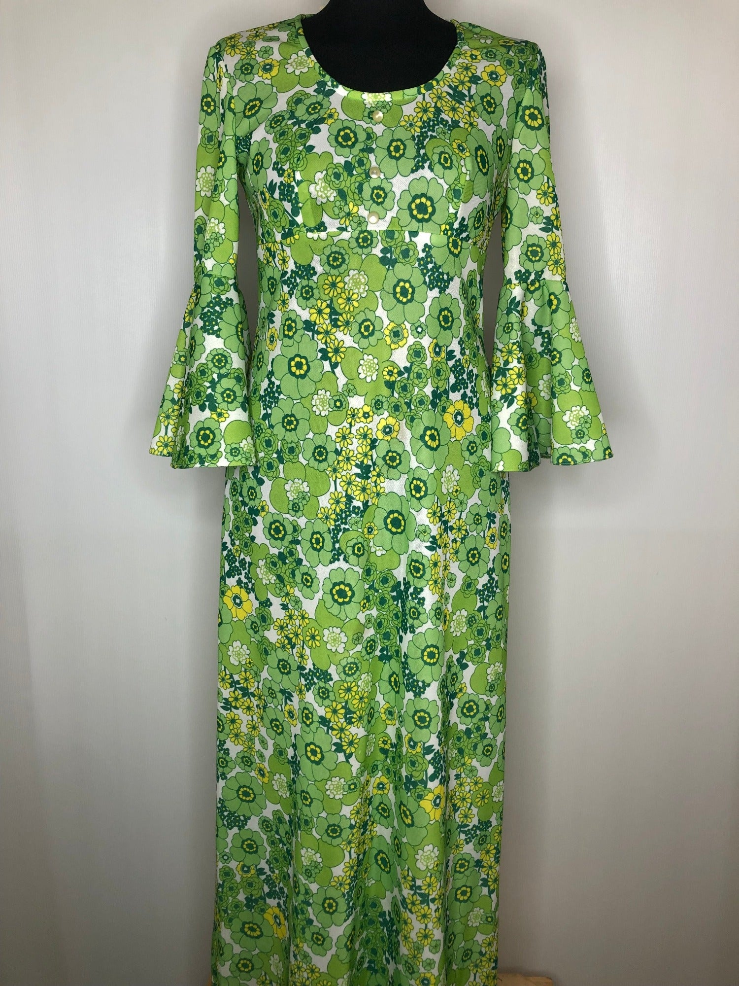 Vintage 70s Maxi Dress Green online Floral Print Long Stretchy Dress Open Back Summer Dress Bridesmaid Dress Medium Size