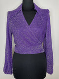 womens  vintage  V-Neck  Urban Village Vintage  urban village  top  studio 54  sparkly  shirt  shimmer  retro  purple  party  metallic stitch  metallic  lurex  long sleeve  glittery  glitter  evening blouse  disco  dagger collar  dagger  collar  blouse  8  70s  1970s