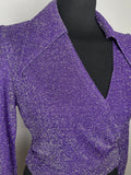 womens  vintage  V-Neck  Urban Village Vintage  urban village  top  studio 54  sparkly  shirt  shimmer  retro  purple  party  metallic stitch  metallic  lurex  long sleeve  glittery  glitter  evening blouse  disco  dagger collar  dagger  collar  blouse  8  70s  1970s