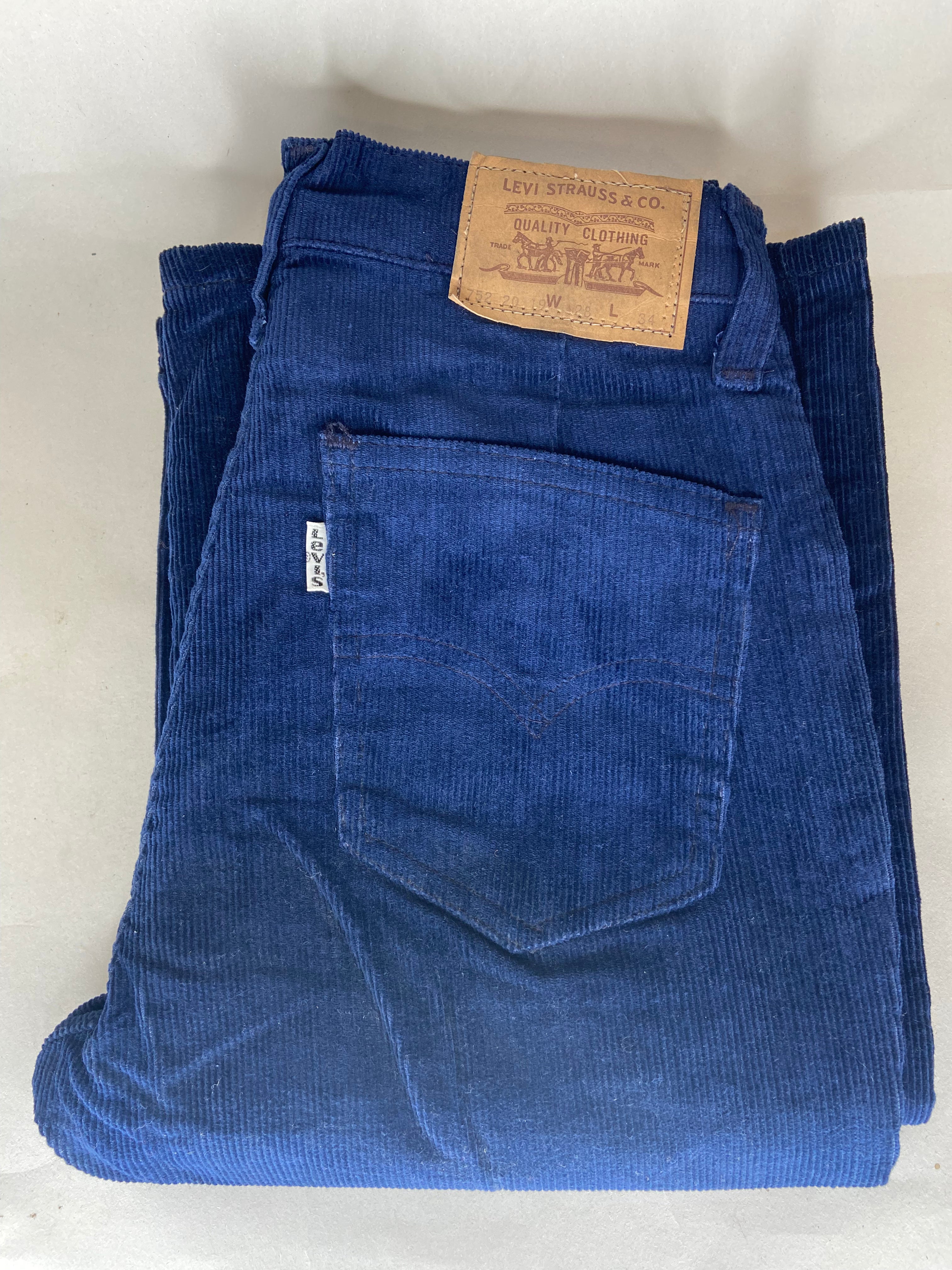 Vintage Levis 1970s Corduroy White Tab Flares in Blue Deadstock